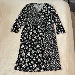 Talbots Dress Womens Sz Large Black Floral Faux Wrap Stretch Knit V Neck Career